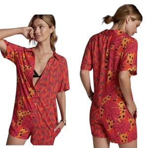Farm Rio NWOT Chili Pepper & Palms Leaves Contrast Print Romper Tropical